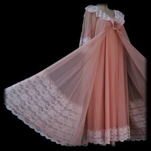 STUNNING Vintage 2pc SHEER Mocha CHIFFON Long Sweep GOWN Nylon PEIGNOIR Set L/XL